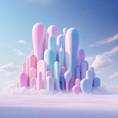 The primary subject of the image is a large, colorful structure made up of many pink and blue columns. The setting is a cloudy sky, which serves as the backdrop for the towering structure. The visual style of the image is digital art, as it appears to be a computer-generated or digitally rendered scene. The dominant colors in the image are pink and blue, creating a vibrant and lively atmosphere.